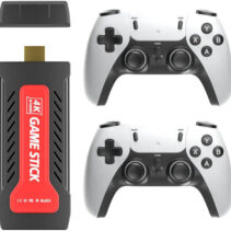 4K HDMI Game Stick Console with Red Accent Finish and Dual Wireless Controllers