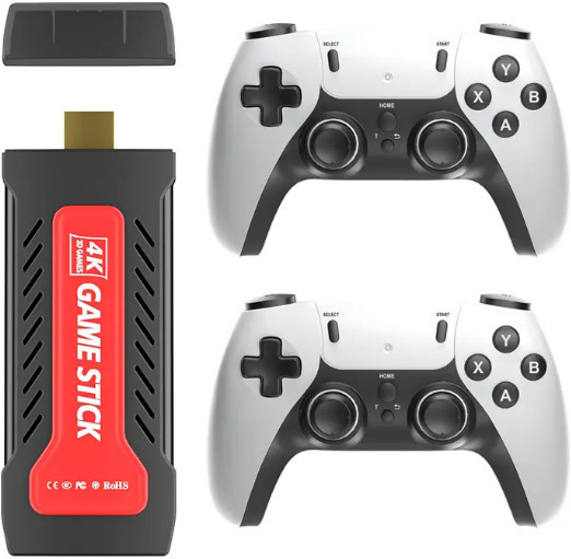 4K HDMI Game Stick Console with Red Accent Finish and Dual Wireless Controllers