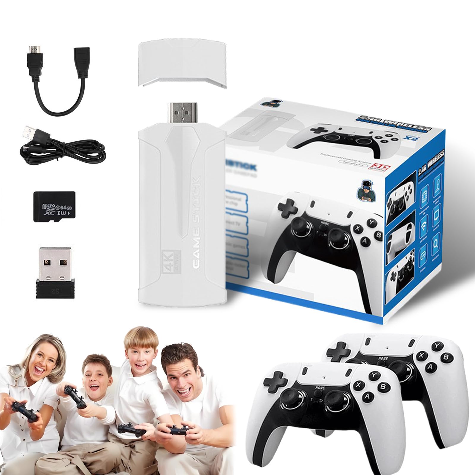 4K Game Stick Family Bundle with 64GB Storage and Dual Wireless Controllers