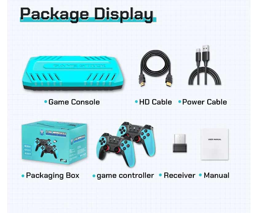 U36 Cyan Retro Gaming Console — Complete Kit with Full Accessory Set
