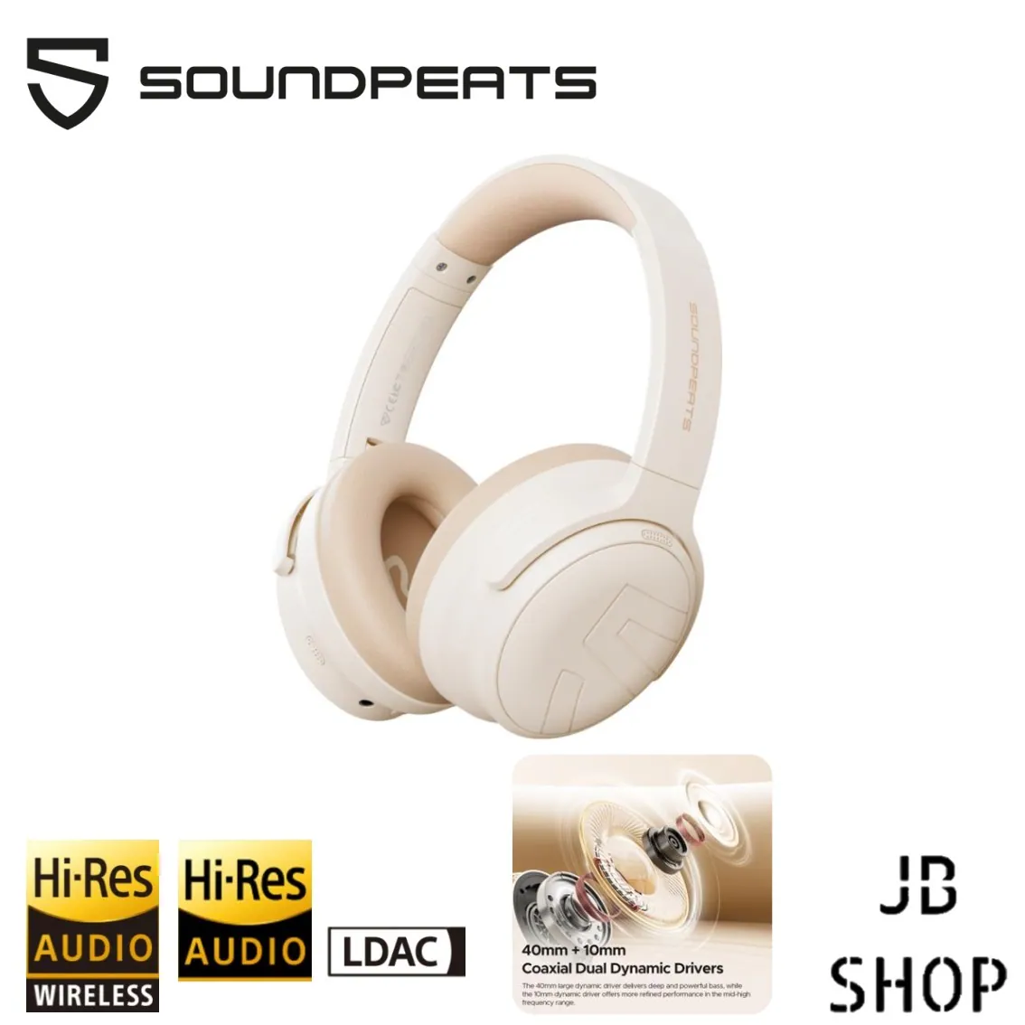 Hi-Res Audio Wireless Headphones — Cream with LDAC & Coaxial Dual Drivers