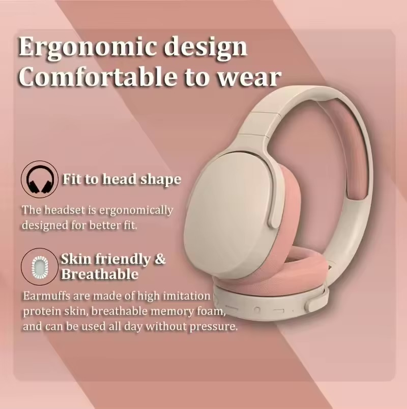 Ergonomic Pink & Beige Wireless Headphones — Skin-Friendly Comfort