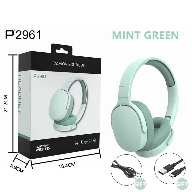 P2961 Mint Green Wireless Over-Ear Headphones with Gift Cables