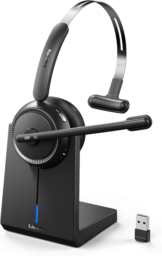 Premium Mono Wireless Headset with Stainless Headband and Charging Base