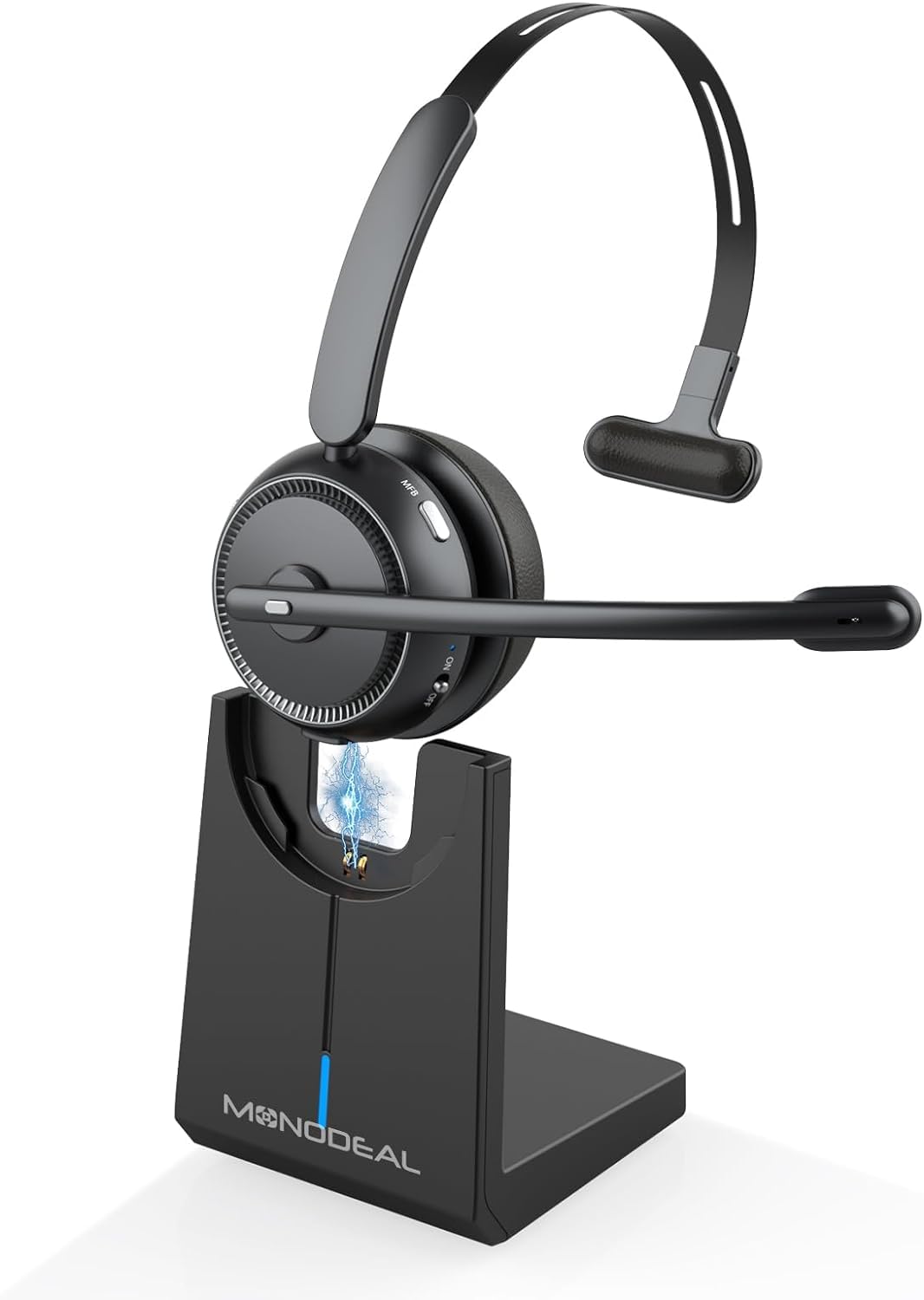 Premium Mono Wireless Headset with Dual Boom Mics and Magnetic Stand